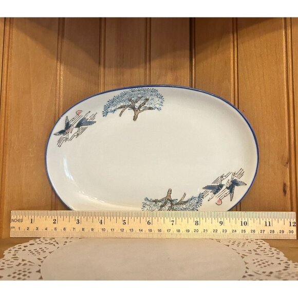 Vintage Porcelain Flying Cranes Oval Serving Dish Small Platter Blue White - Picture 3 of 5